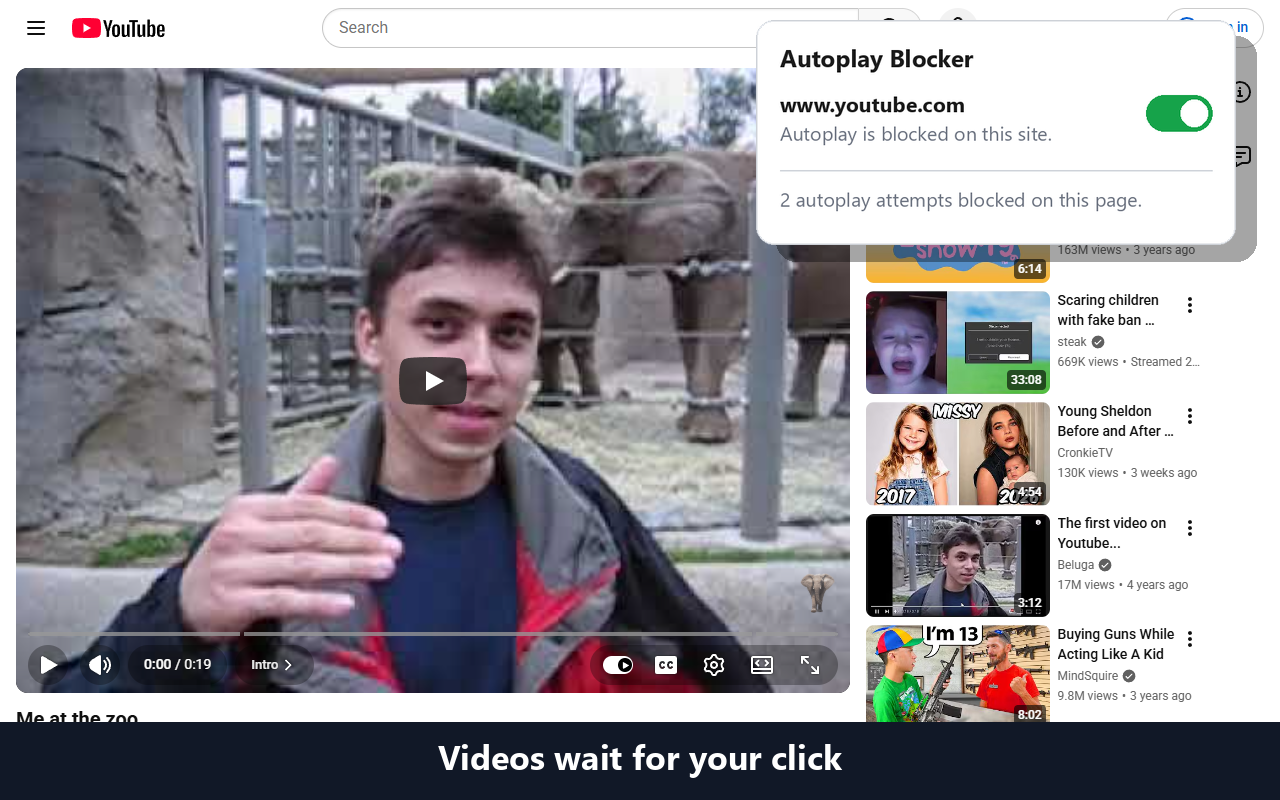 Autoplay Blocker holding a video paused with the per-site switch turned on and two blocked autoplay attempts counted