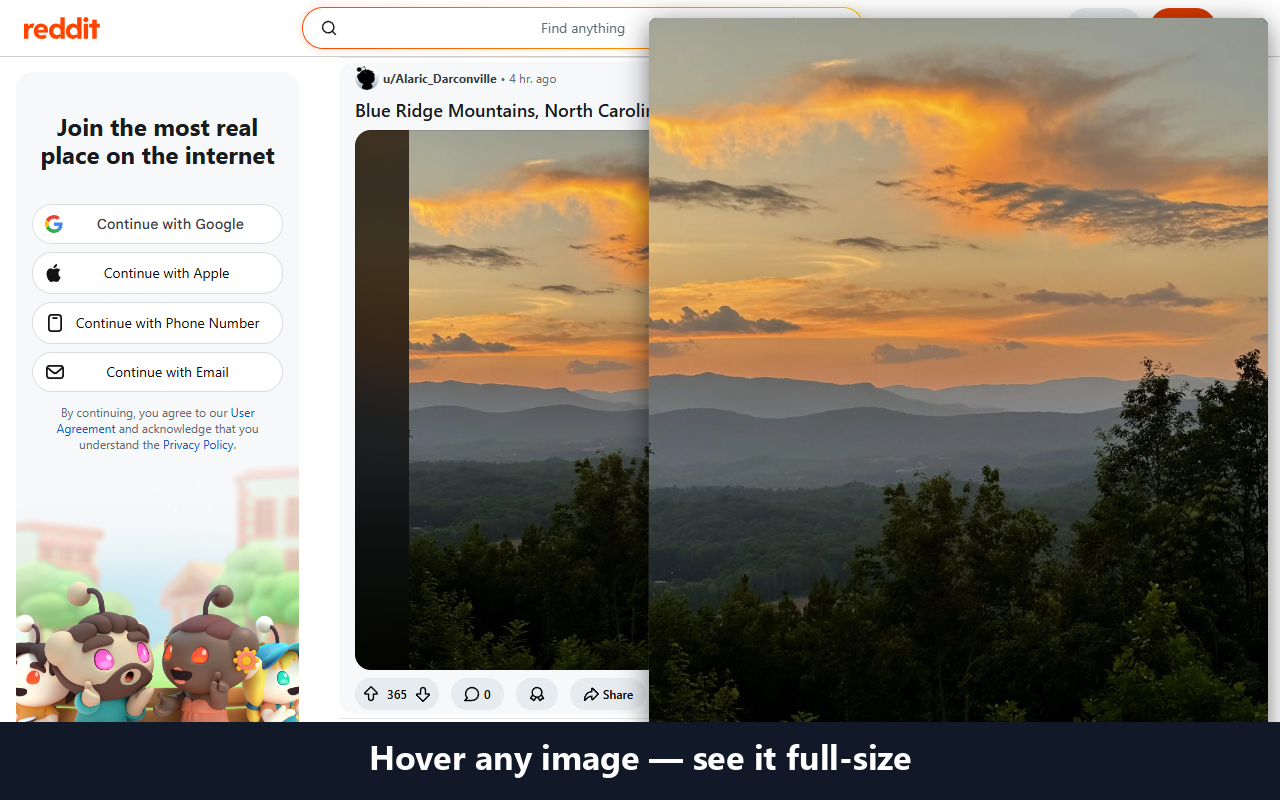 Image Hover Zoom showing a full-size landscape preview over a Reddit feed