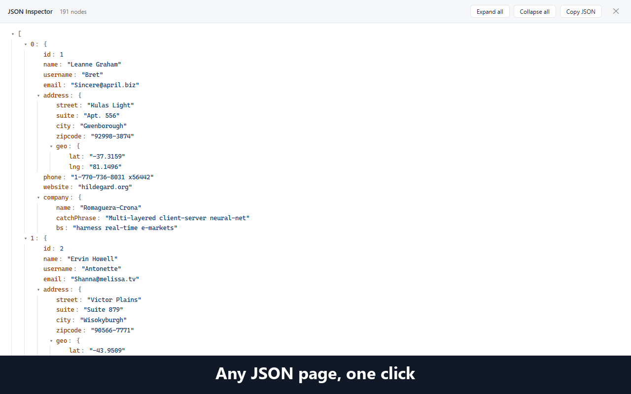 JSON Inspector showing an API response as a collapsible syntax-highlighted tree
