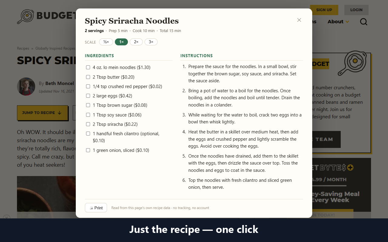 Recipe Distiller showing a clean recipe card with ingredients and instructions over a recipe page